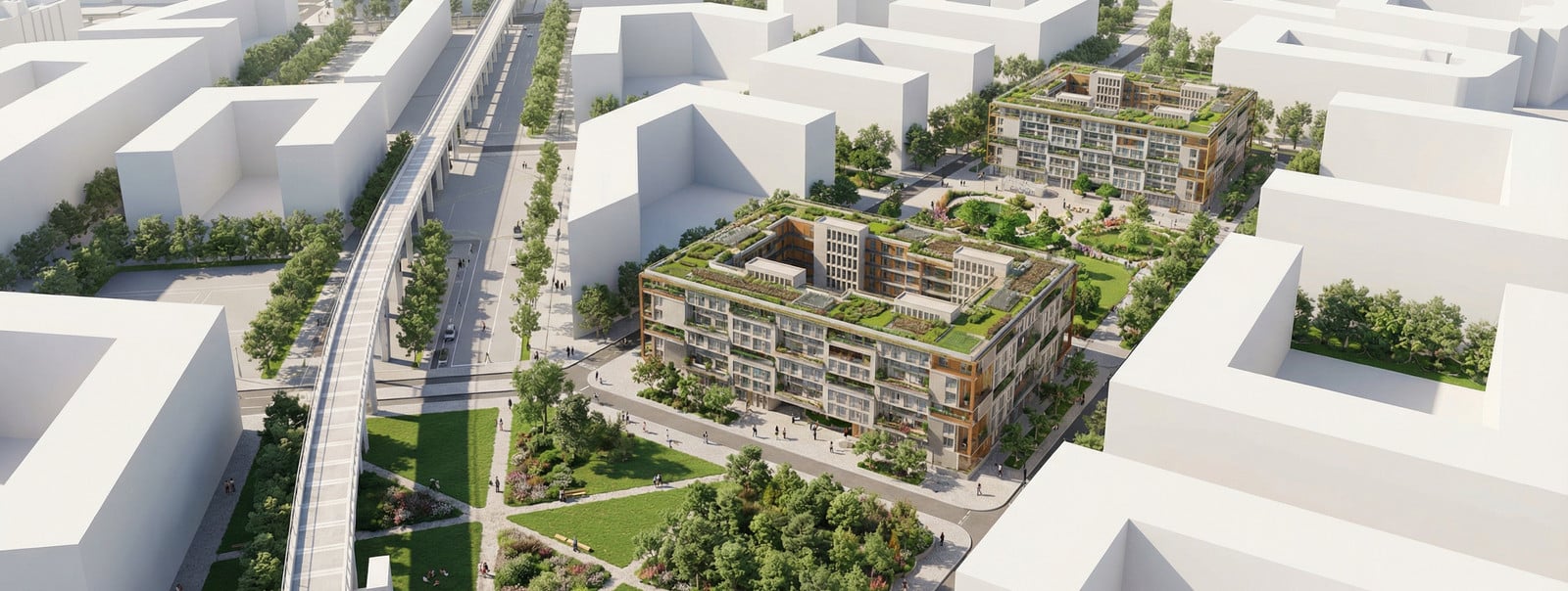 Aerial rendering of the residential complex in its urban context