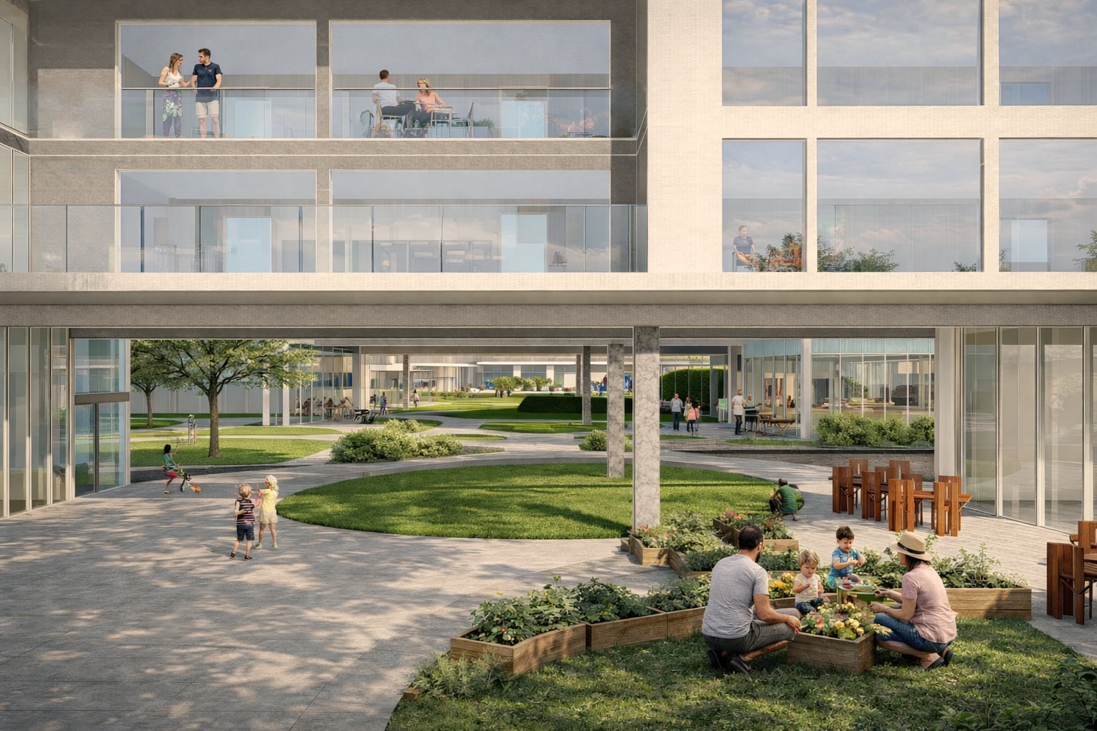 Ground-level view of the shared atrium