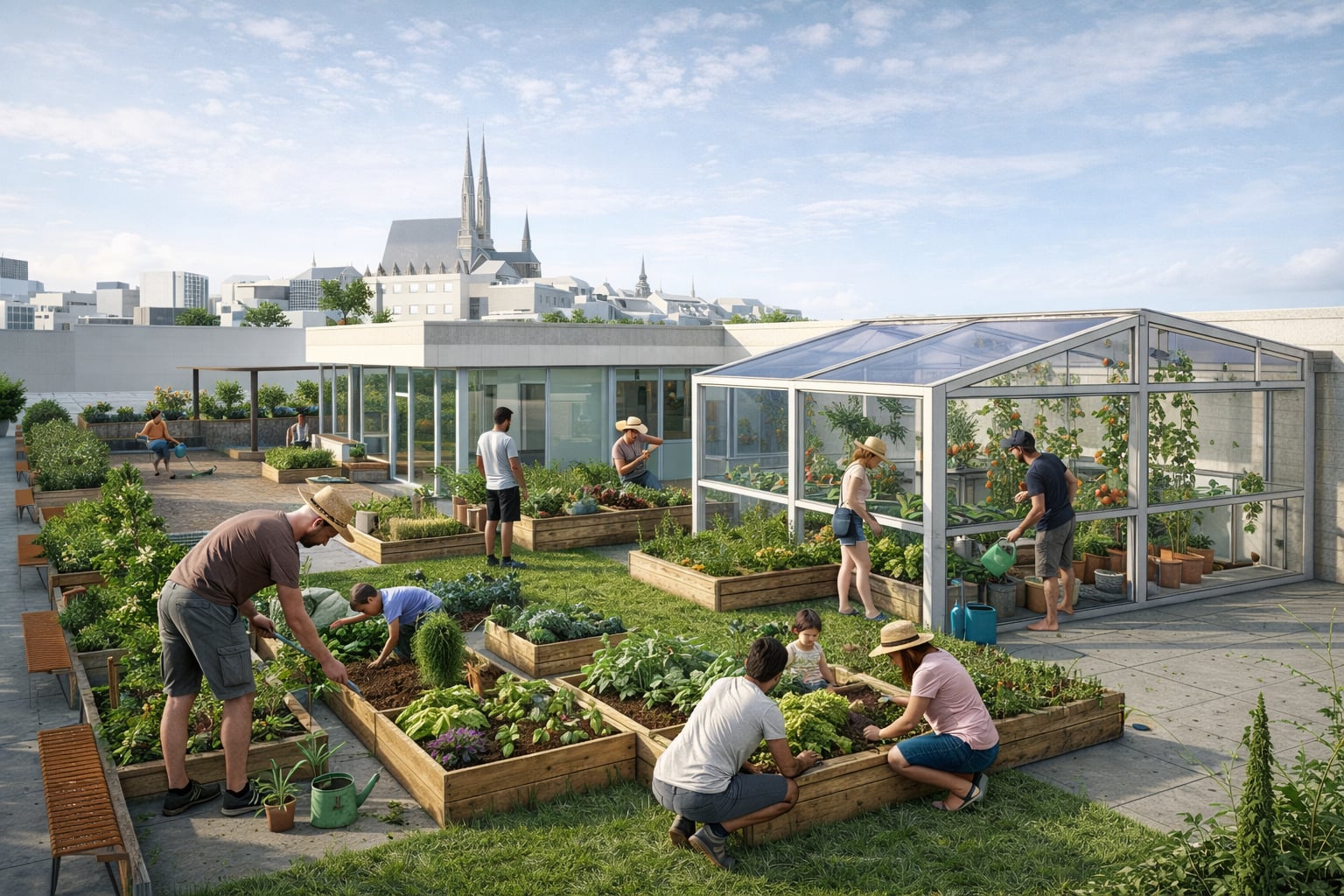 Community greenhouse and raised garden beds