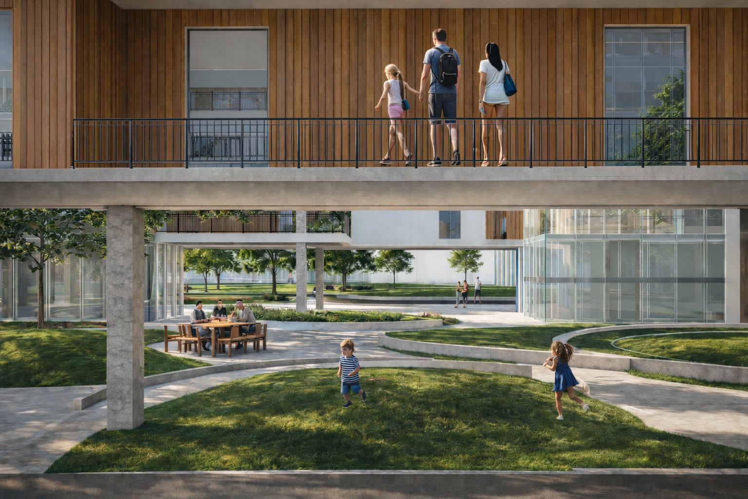 Public space beneath the elevated residential block